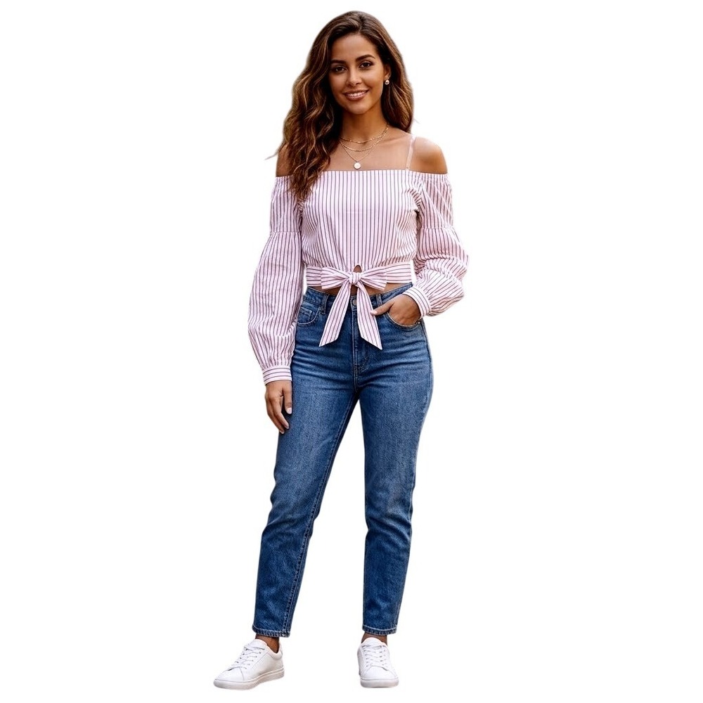 White Striped Off Shoulder Crop Top Tie Front Balloon Sleeve - Iris LA Size S